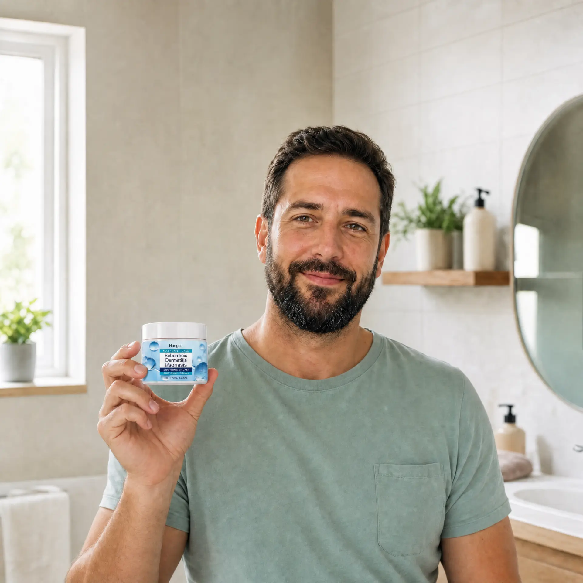 Homme tenant une crème apaisante DermaCalm
